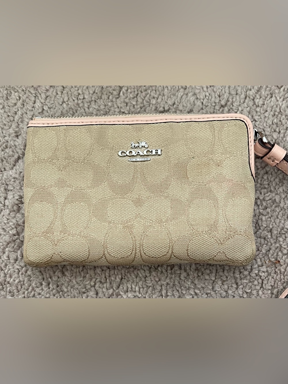 COACH Beige Signature Wristlet with Pink Trim